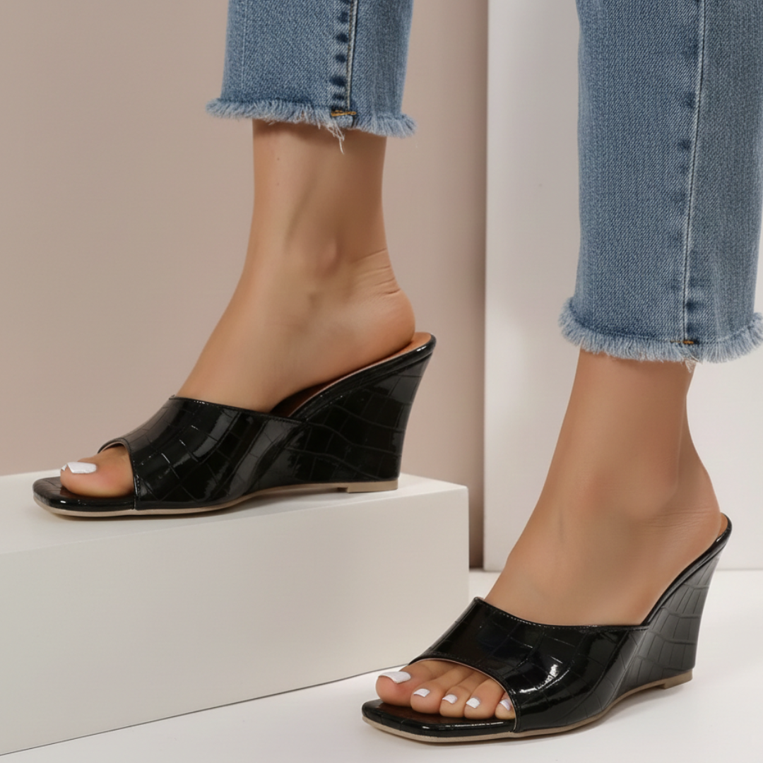 Dam Sommar Kilsandaler Slip On Fyrkantig Tå Texturerad Övre Plattformsula