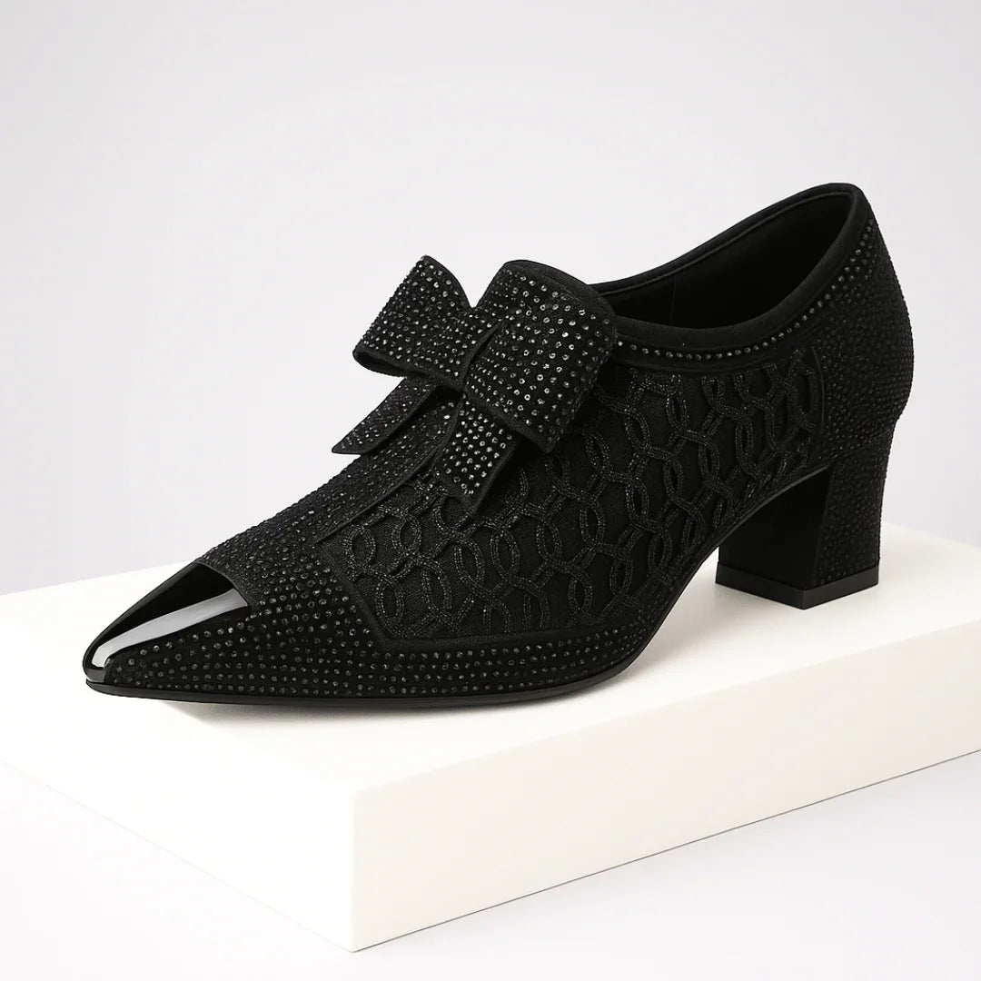 Kvinnor Klackskor Med Rhinestone Rosett Spetsig Tå Och Blockklack 6cm