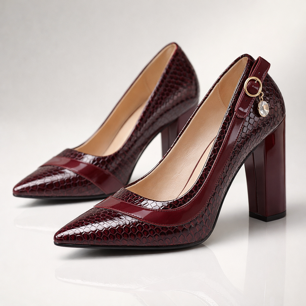 Klackskor Med Spetsig Tå, Krokodilpräglad Glansig Finish, Blockklack För Kvinnor