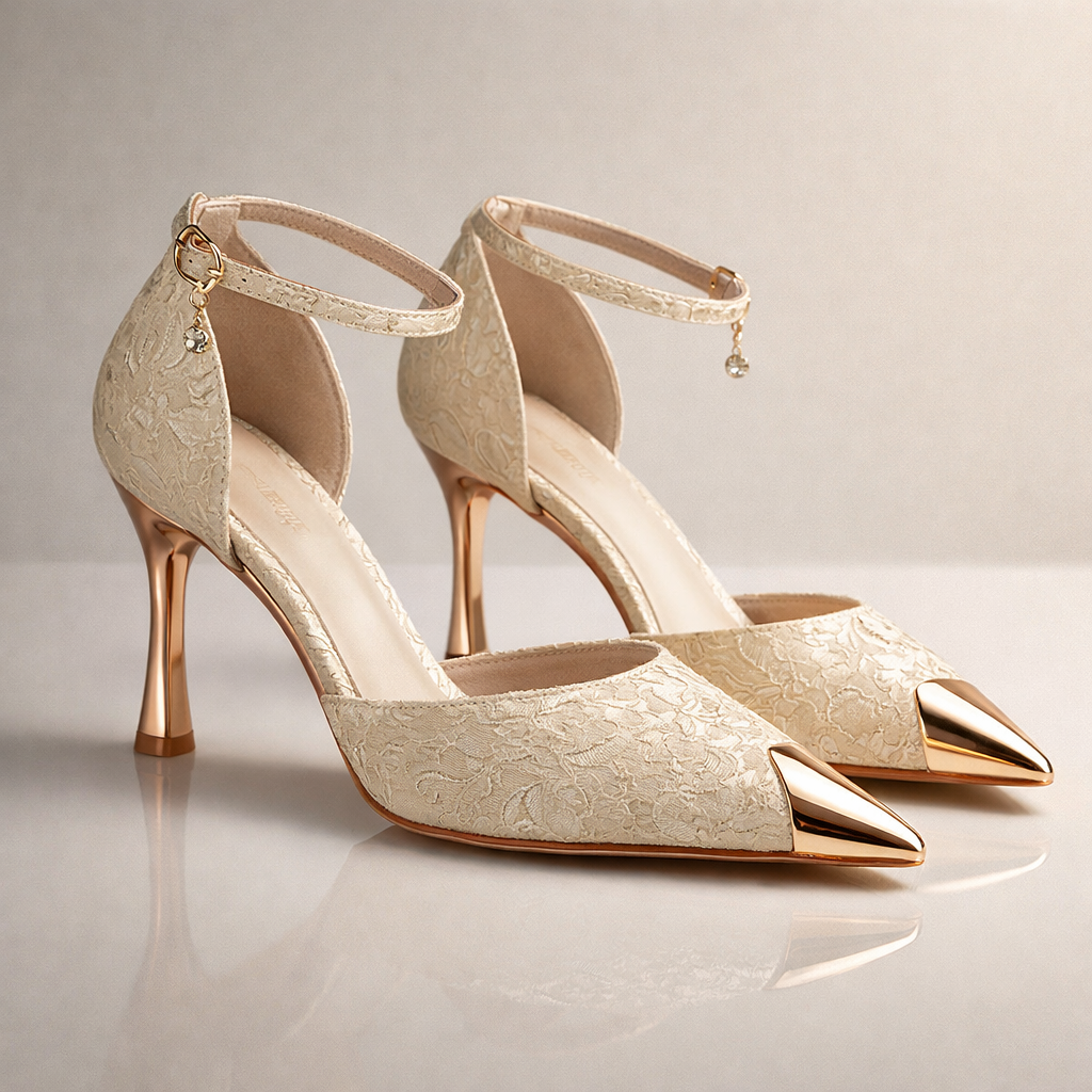 Klackskor med spetsig tå, metalltåhätta, skulpterad stilett och fotledsrem