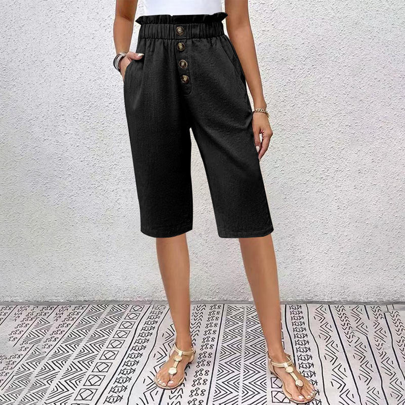 Damshorts för sommaren med hög midja, fickor och knappdetalj