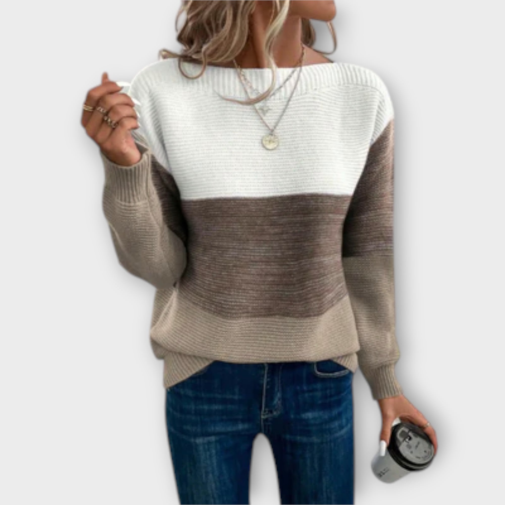 Dam Höst Tröja Med Patchwork Och Trifärgad Design