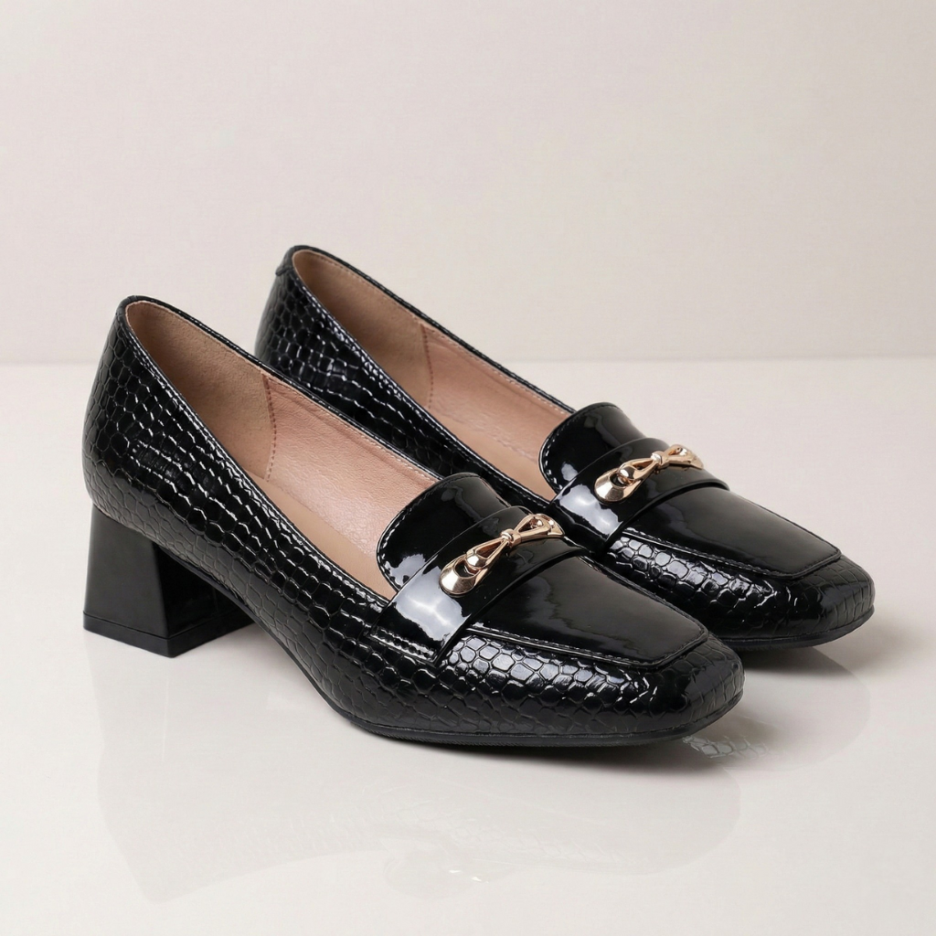 Klackskor Med Fyrkantig Tå, Krokodilpräglad Ovandel, Lackerad öVerdel Och Blockklack För Damer