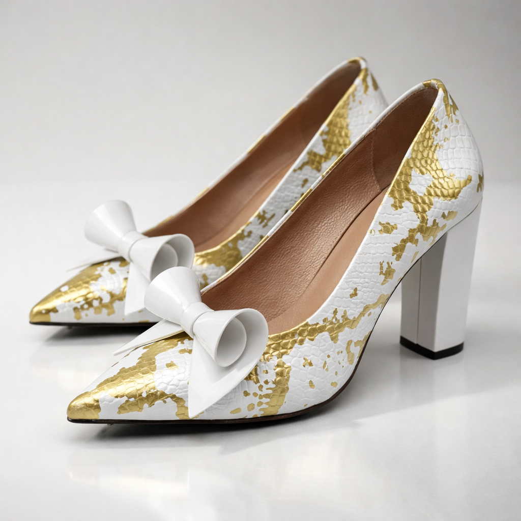 Damklackskor Med Spetsig Tå, Krokodilpräglad Ovandel, Högglansrosett Och Blockklack