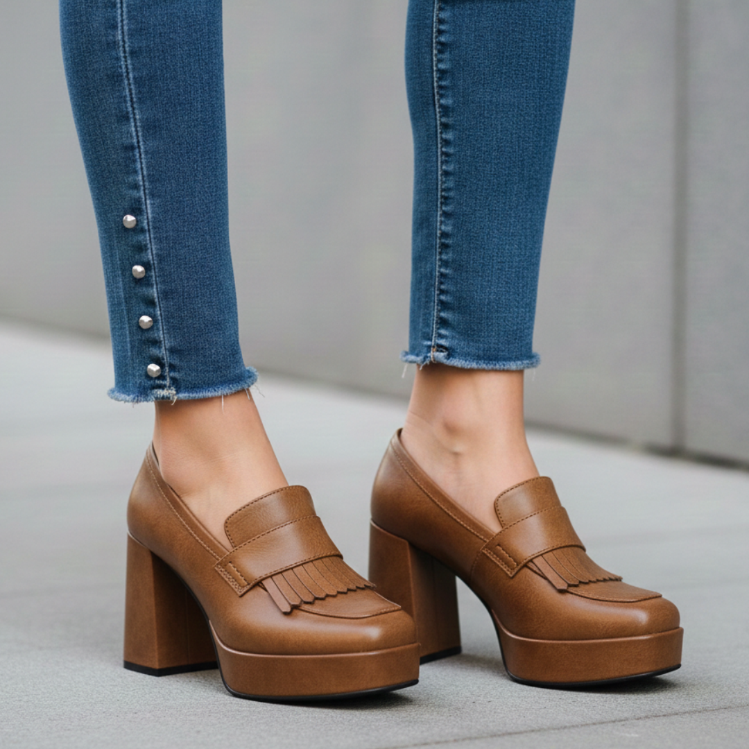Kvinnors platåloafers med pumps, slip-on, chunky klack och främre platå