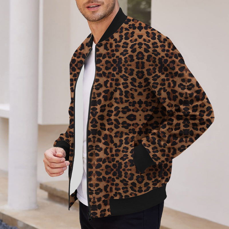 Herr Höstjacka Med Leopardmönster Och Dragkedja Och Fleecefoder