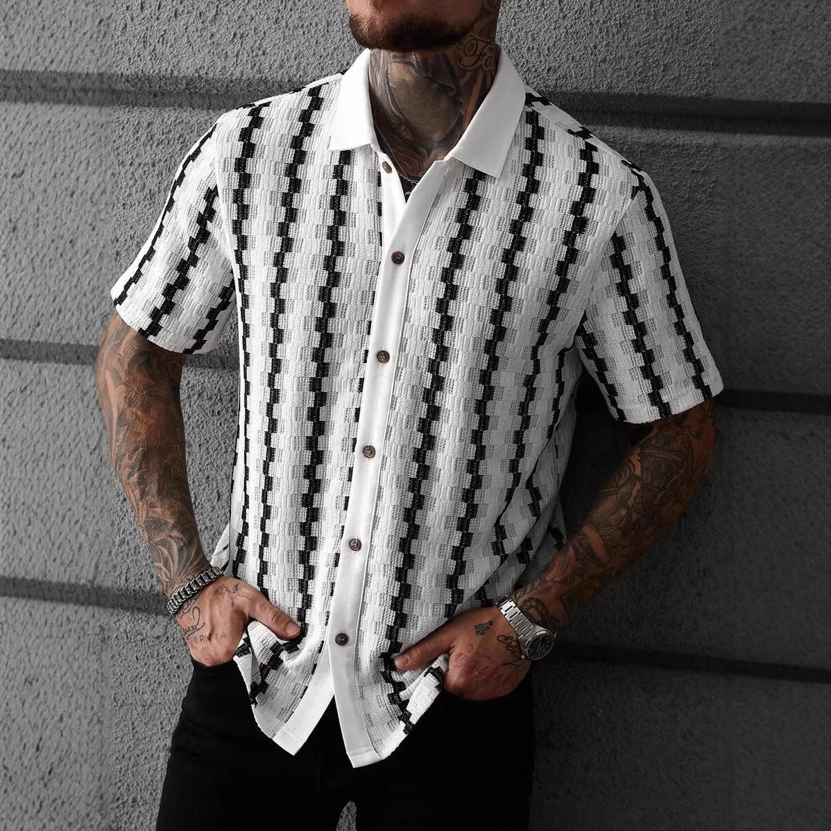 Herr Sommarrutig Stickad Kortärmad Kofta Slim Fit Patchwork Streetwear Topp