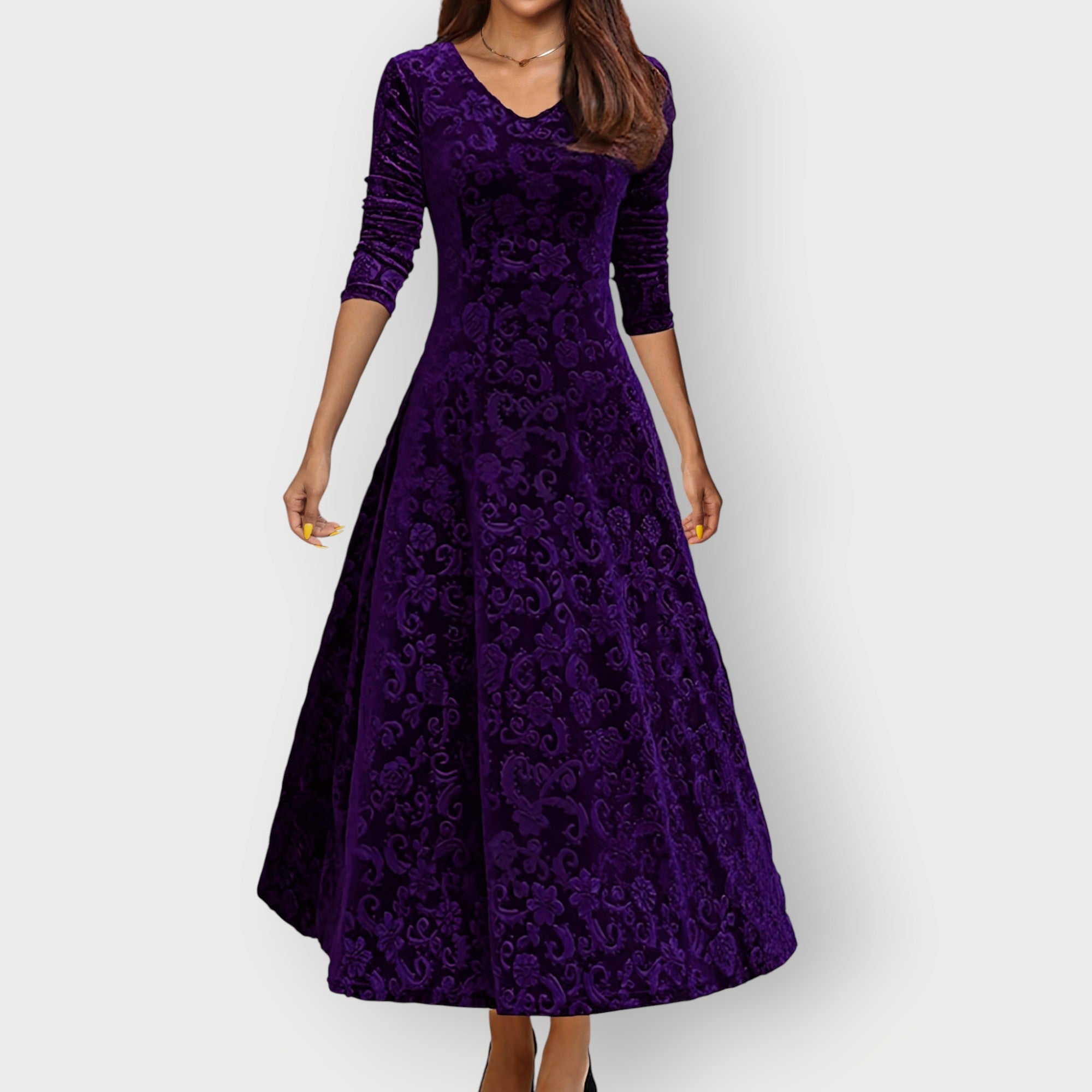 Kvinnoklänning Jacquard Sammet Midi V-ringad Fit-and-Flare