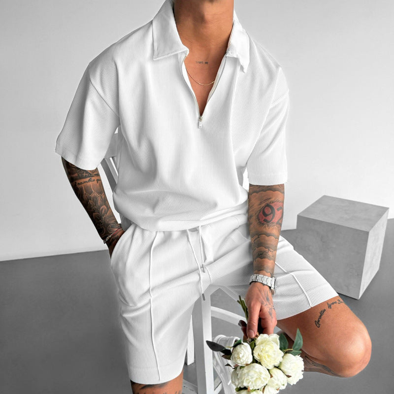 Herrpolo med dragkedja och shorts, tvådelat set, bomullsblandning, sportig och fritidsstil, sommarkläder