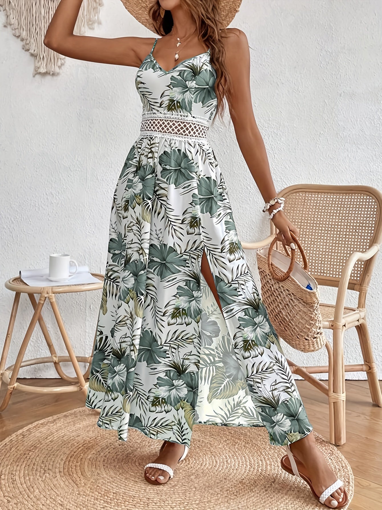 Kvinnors Sommarklänning Maxi med Blommigt Mönster och Sidslits