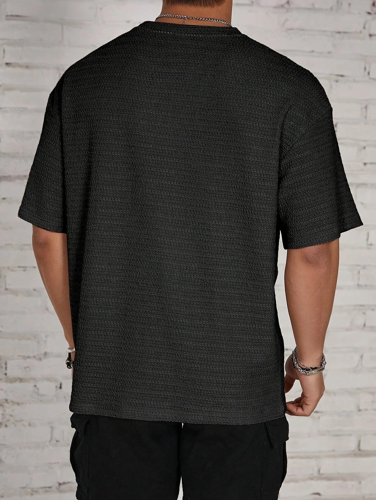 Herr Texturerad Stickad T-Shirt Avslappnad Passform Nedsänkta Axlar