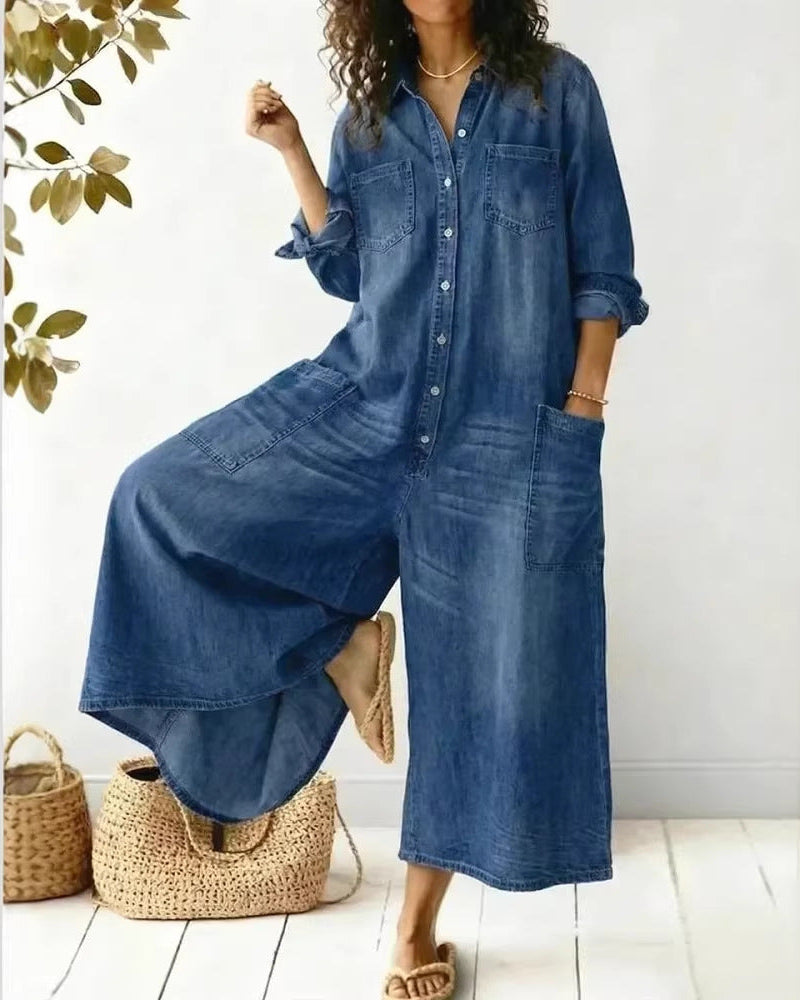 Långärmad Jumpsuit Med Knappar Och Fickor Framtill För Kvinnor