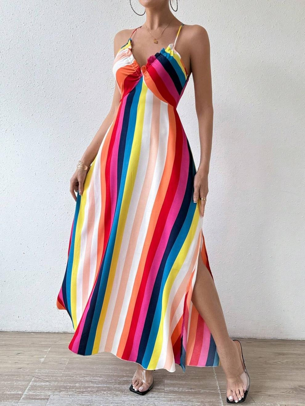 Damklänning Med Regnbågsrandig Ärmlös Bodycon-Midiklänning