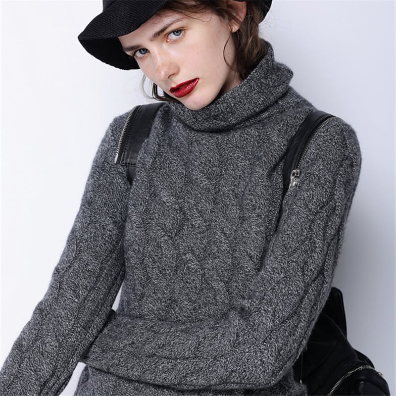 Kvinnors Höghalsade Tröja Med Lång Ärm Och Twiststickad Pullover