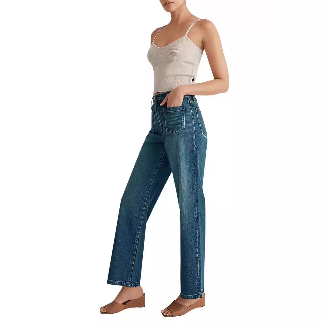 Damjeans Med Hög Midja Och Vida Ben, Sliten Design Med Fyrkantiga Fickor