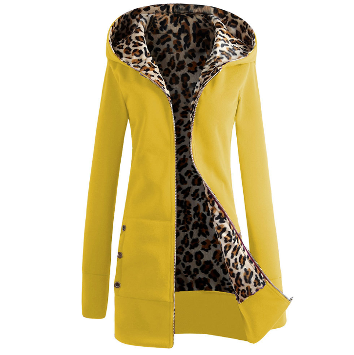 Vinterjacka Med Leopardmönster För Kvinnor, Dragkedja Och Tjockt Foder