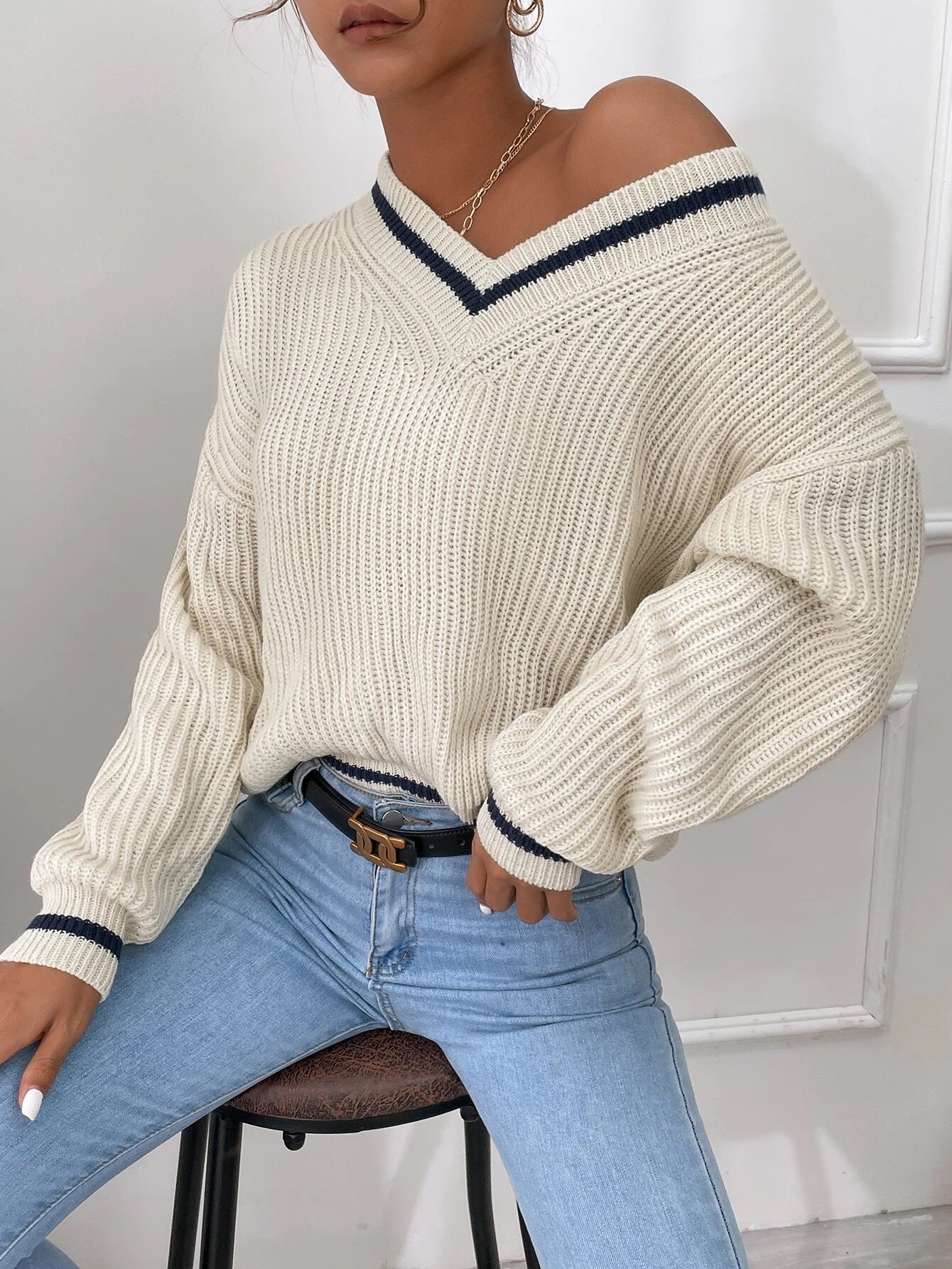 Dam V-Ringad Tröja Med Lång Ärm Och Kabelstickad Pullover