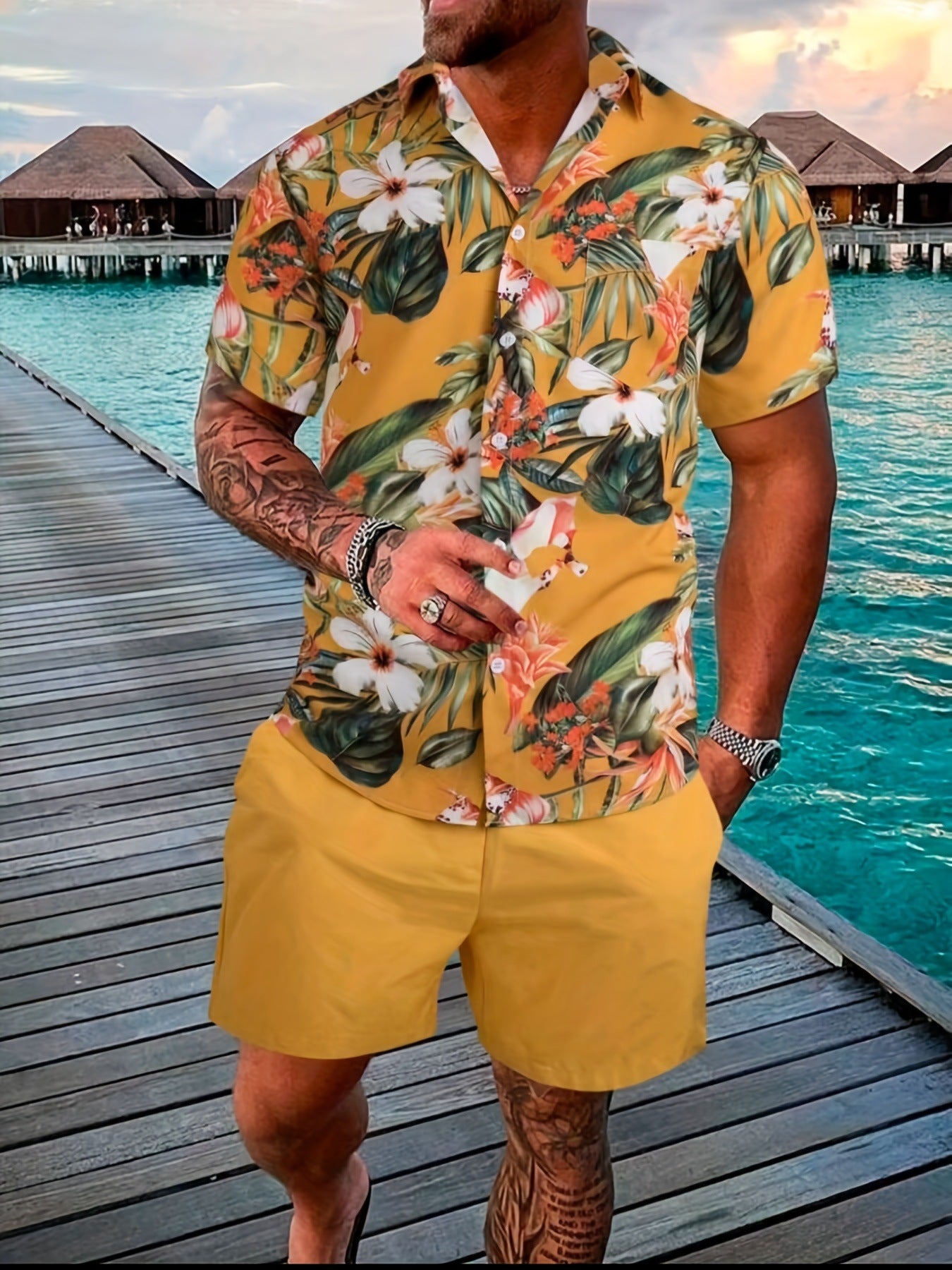 Herr Sommarshortsset Kortärmad T-Shirt Och Shorts Bomullsblandning