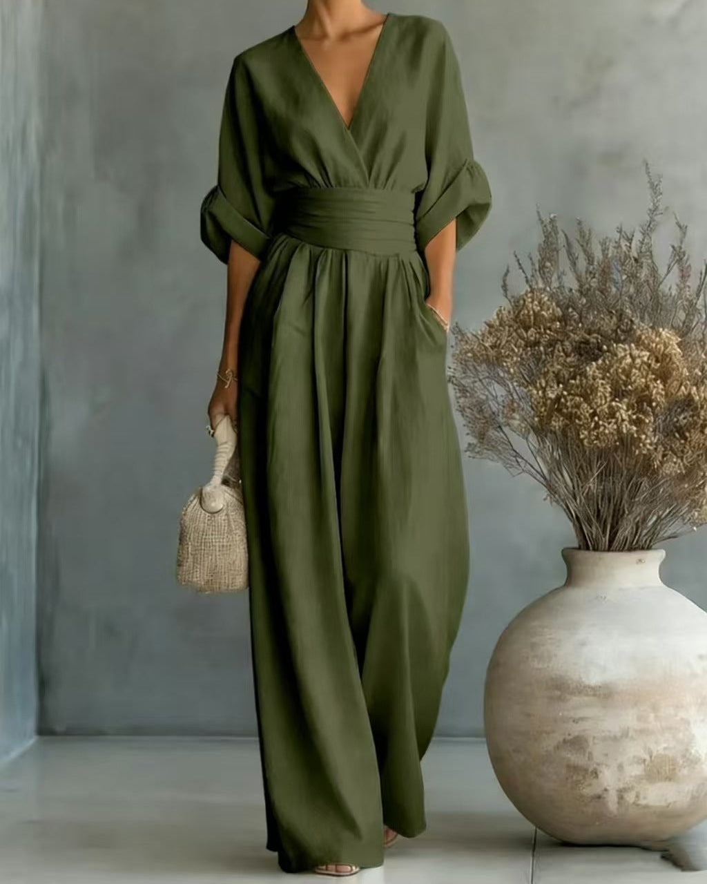Damjumpsuit V-Ringad Hög Midja Full Längd Slim Fit