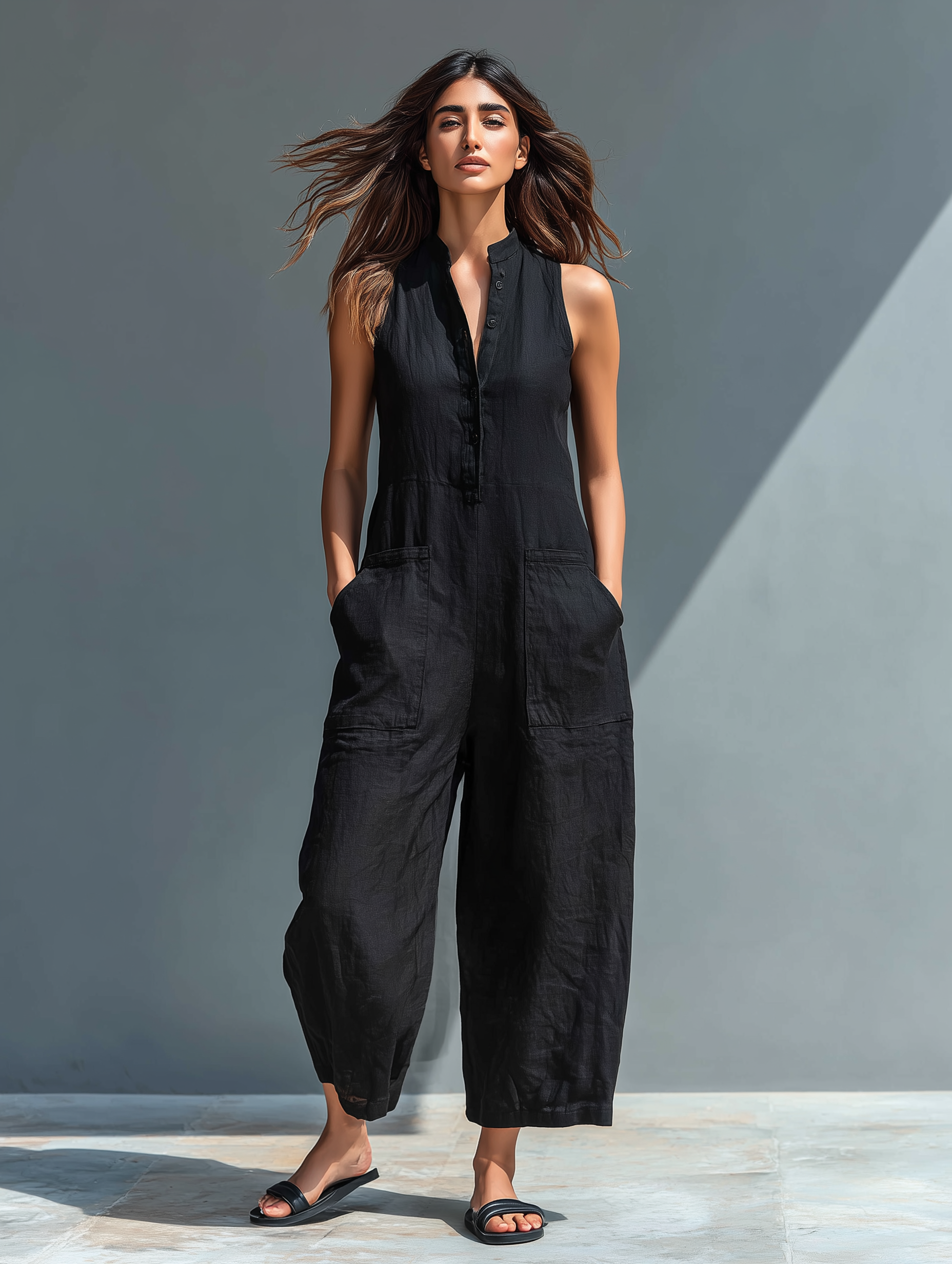 Damjumpsuit Ärmlös Mandarinkrage Framknapp Avslappnad Passform