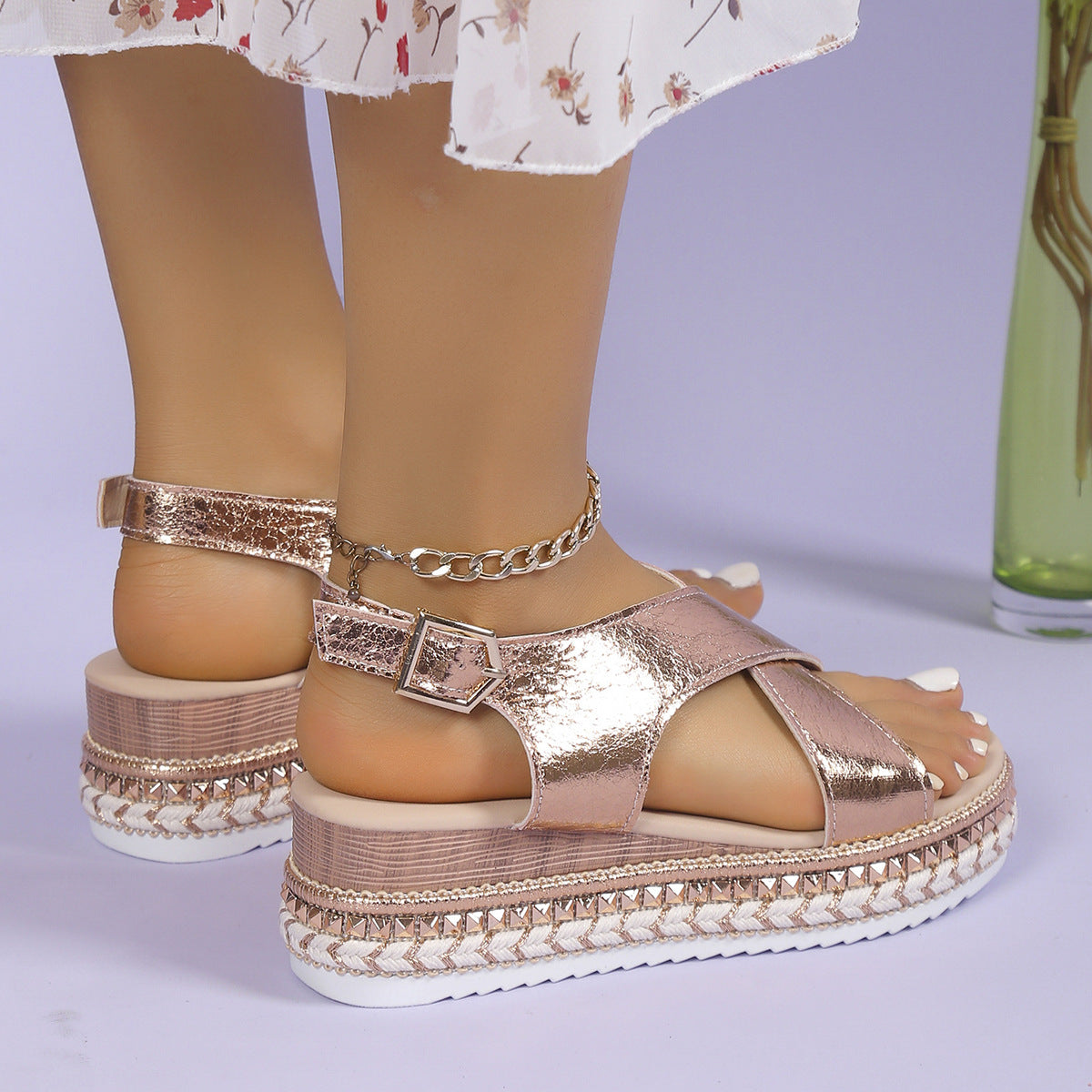 Dam Sommar Plus Size Platform Kilklackade Sandaler Med Fiskmunnsspänne