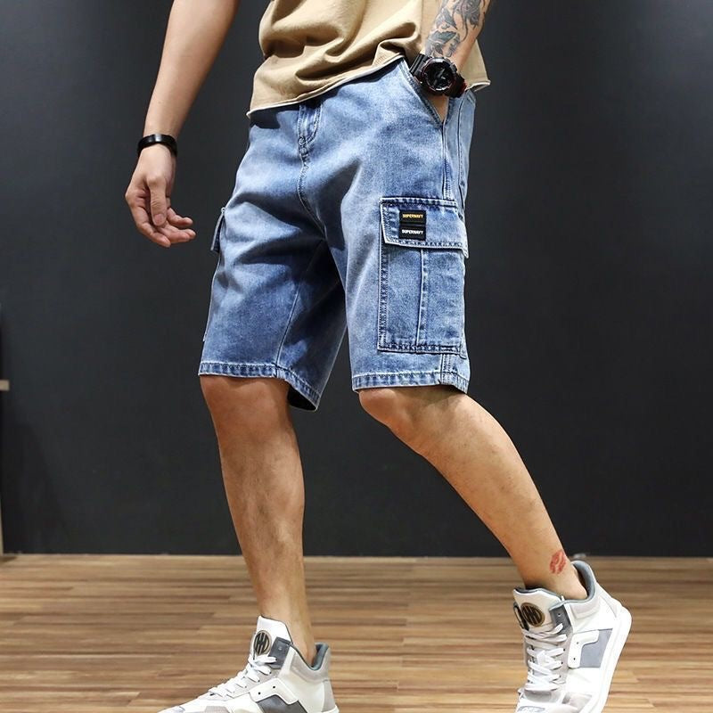 Herr Sommar Denim Medellånga Raka Ben Arbetsbyxor Vintage Style