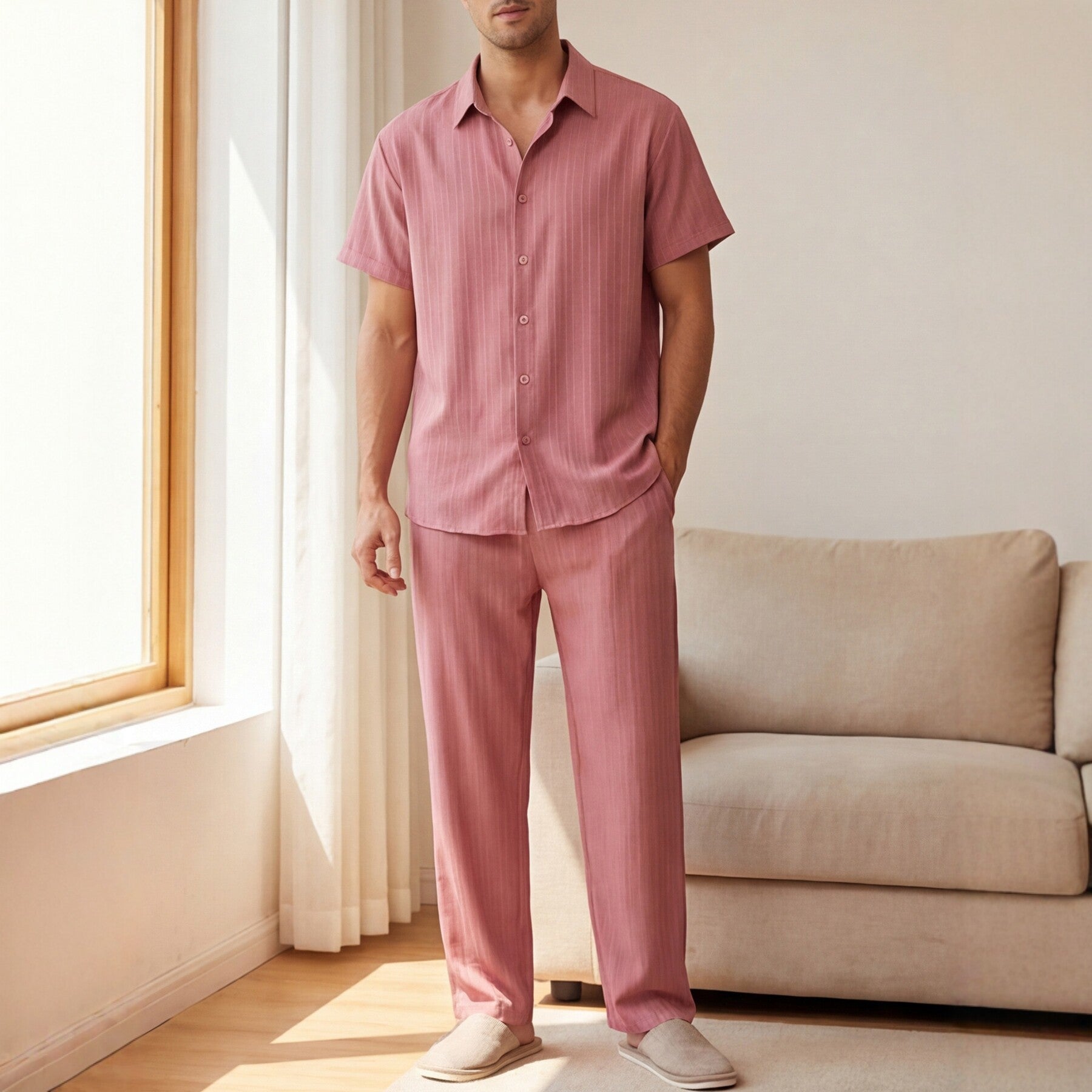 Herr Kortärmat Randigt Loungewear Set Långa Byxor Skjorta Med Knappar Lätt Tvådelad Outfit