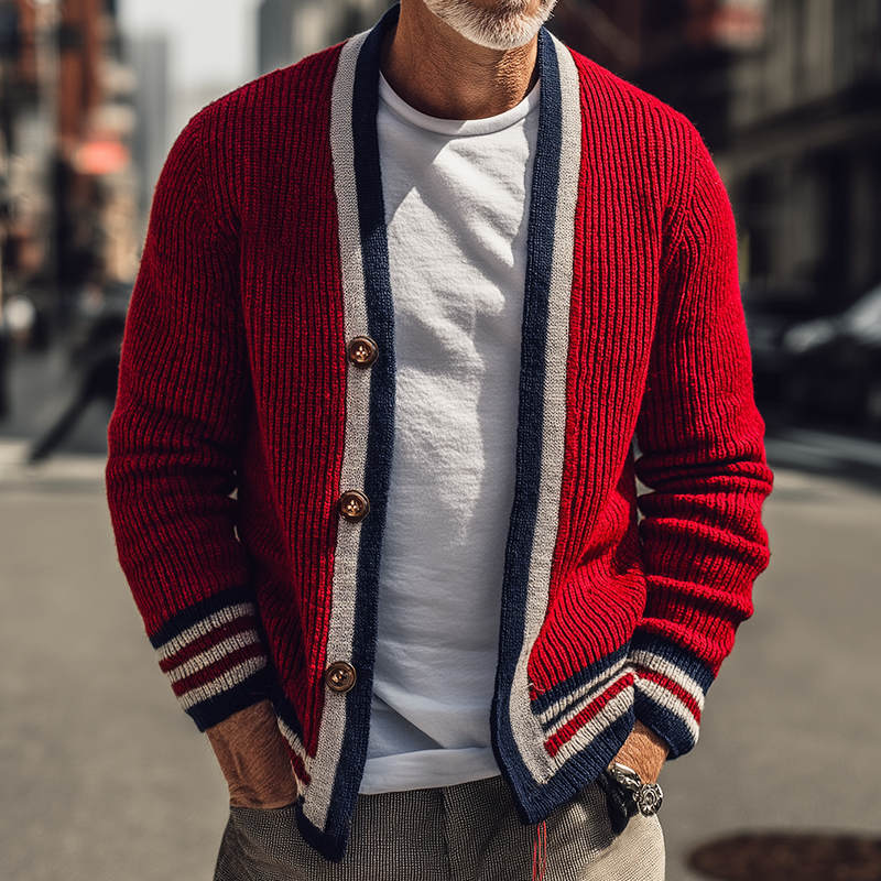 Herr Randig Stickad Cardigan med Knäppning