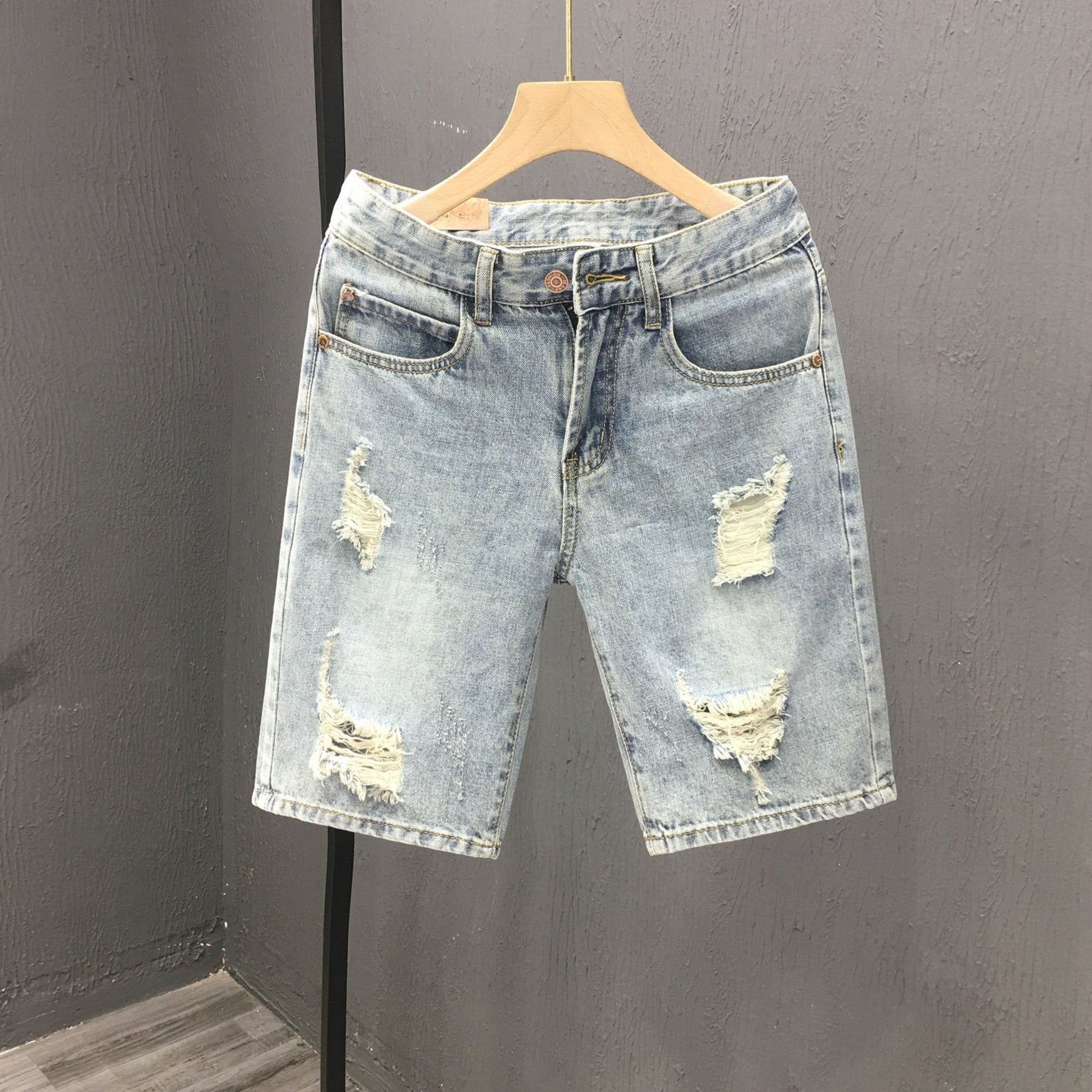 Herrshorts i denimstil med mellanhög midja, dragkedja och gylf, stretchig stretch, blå shorts