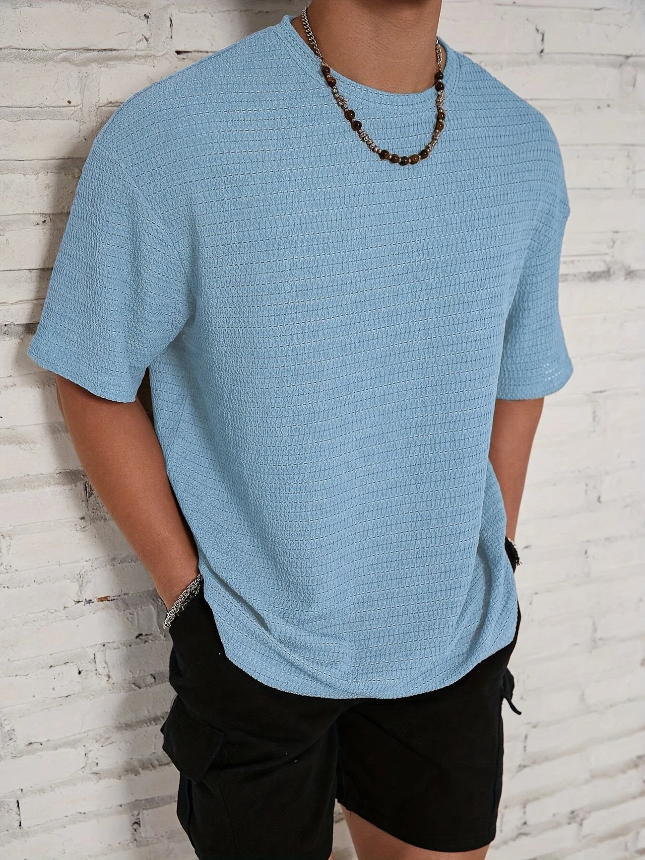 Herr Texturerad Stickad T-Shirt Avslappnad Passform Nedsänkta Axlar