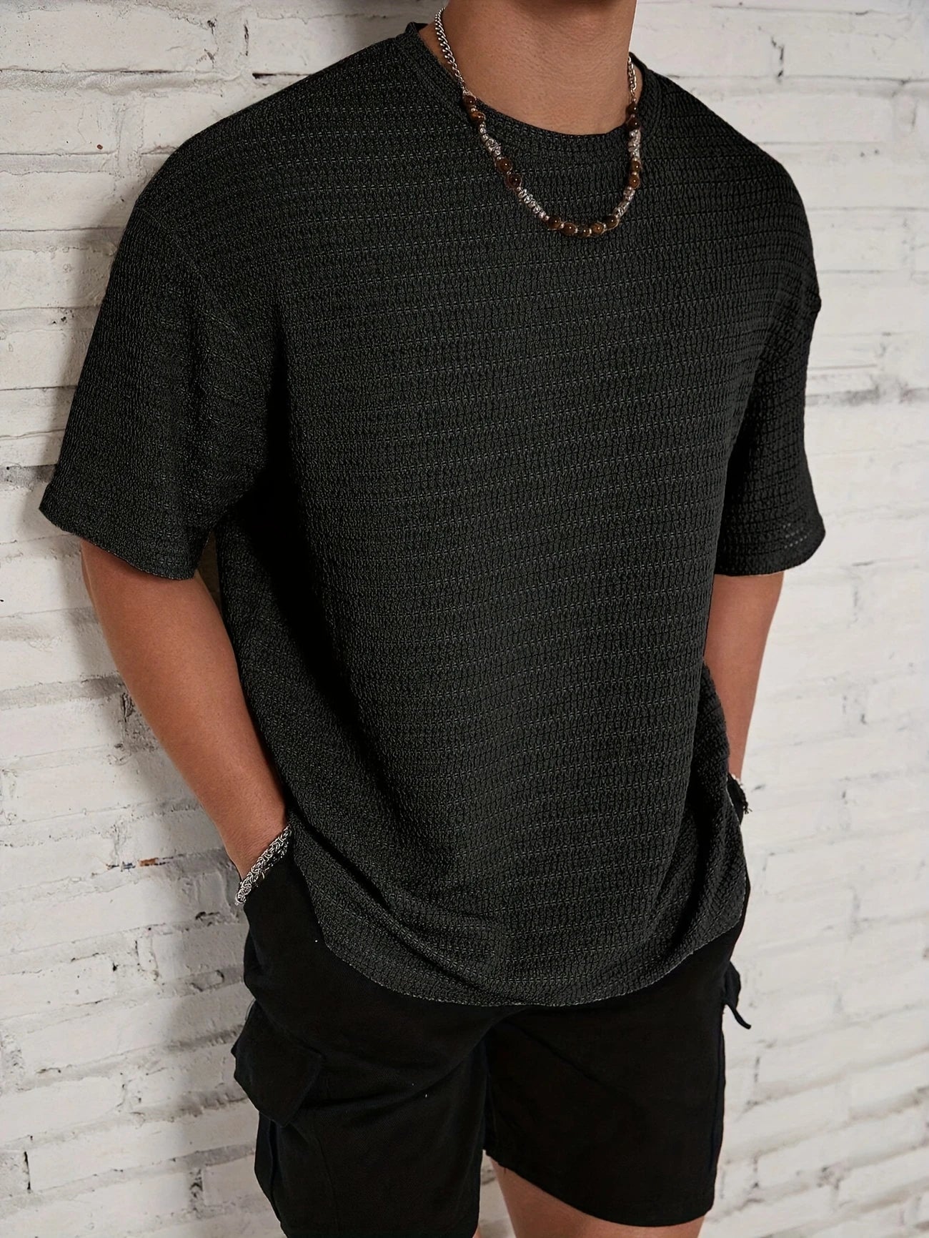 Herr Texturerad Stickad T-Shirt Avslappnad Passform Nedsänkta Axlar