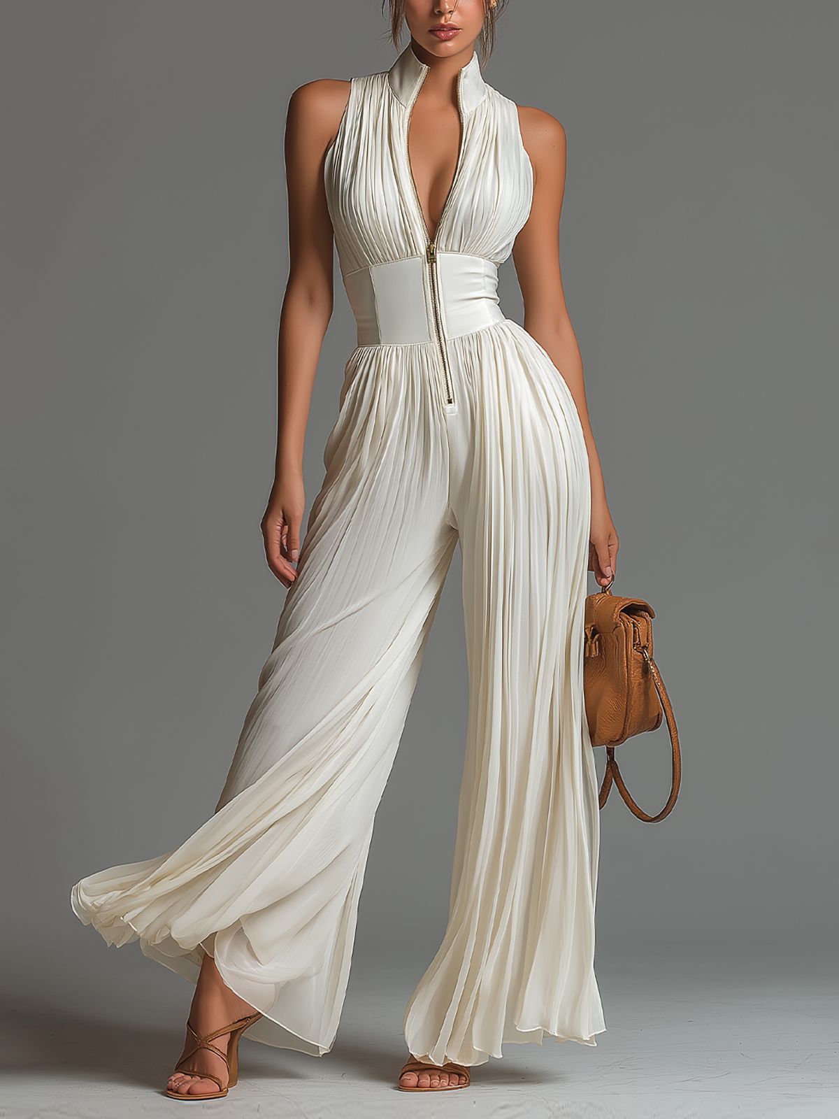 V-Ringad Halterneckjumpsuit Med Vida Ben För Kvinnor
