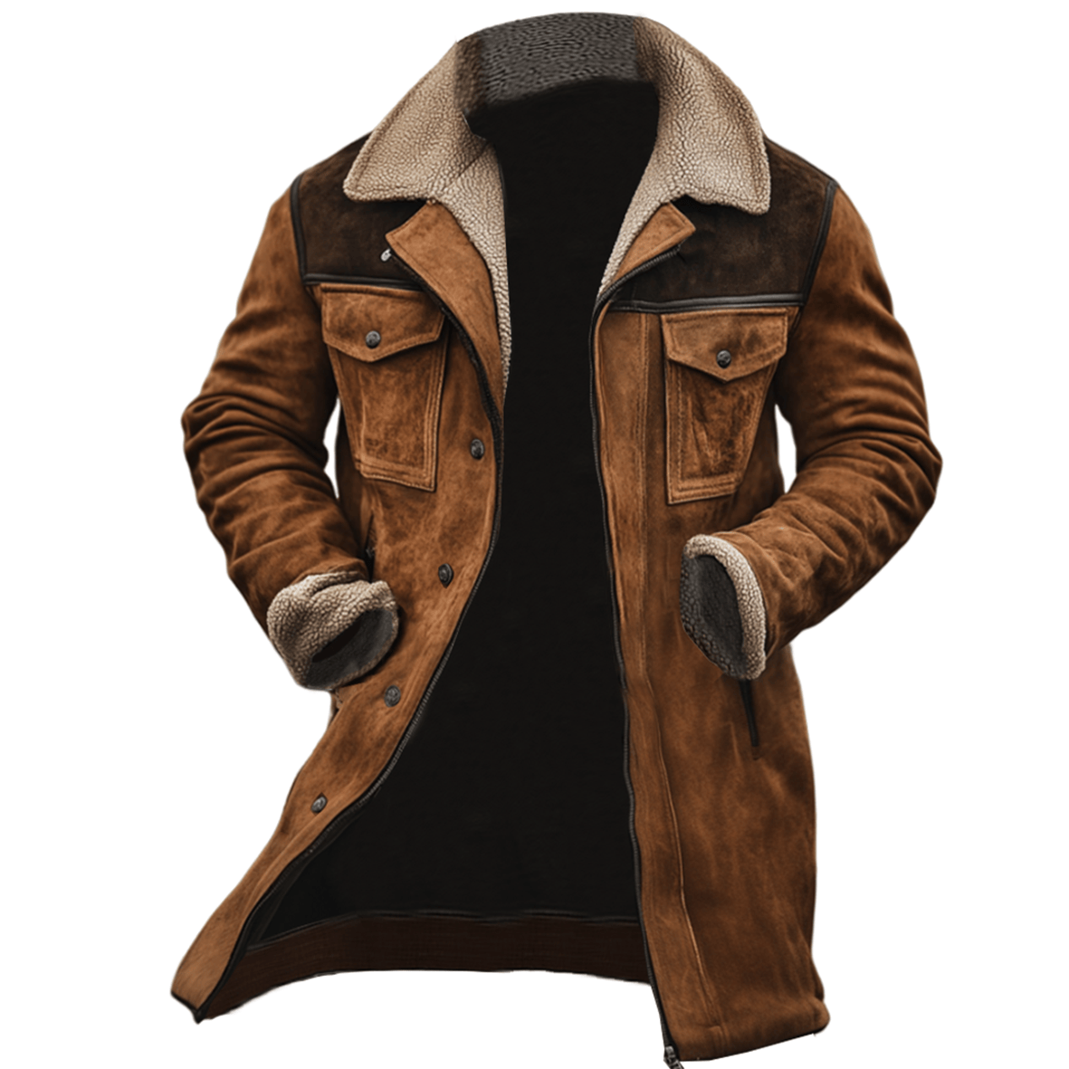 Lång Herrvinterkappa Med Knappar Framtill Och Shearling-Detaljer