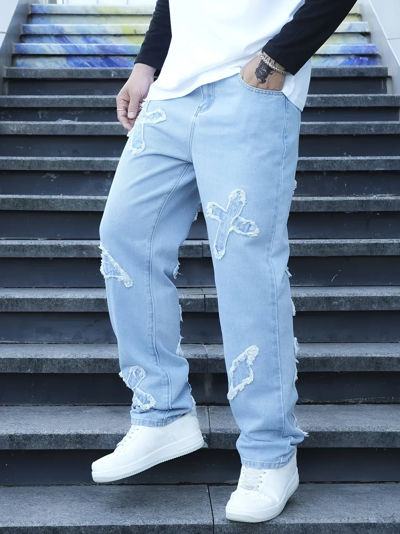 Herrjeans Broderade Lösa Passform Raka Ben