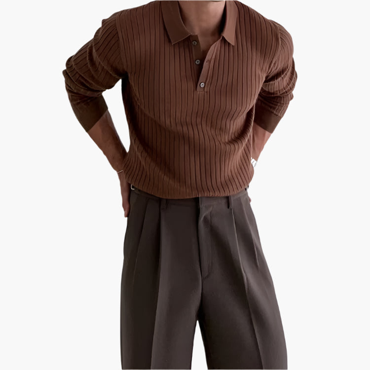 Herr Långärmad Pikétröja Med Knappkrage Och Vertikal Ribbad Design
