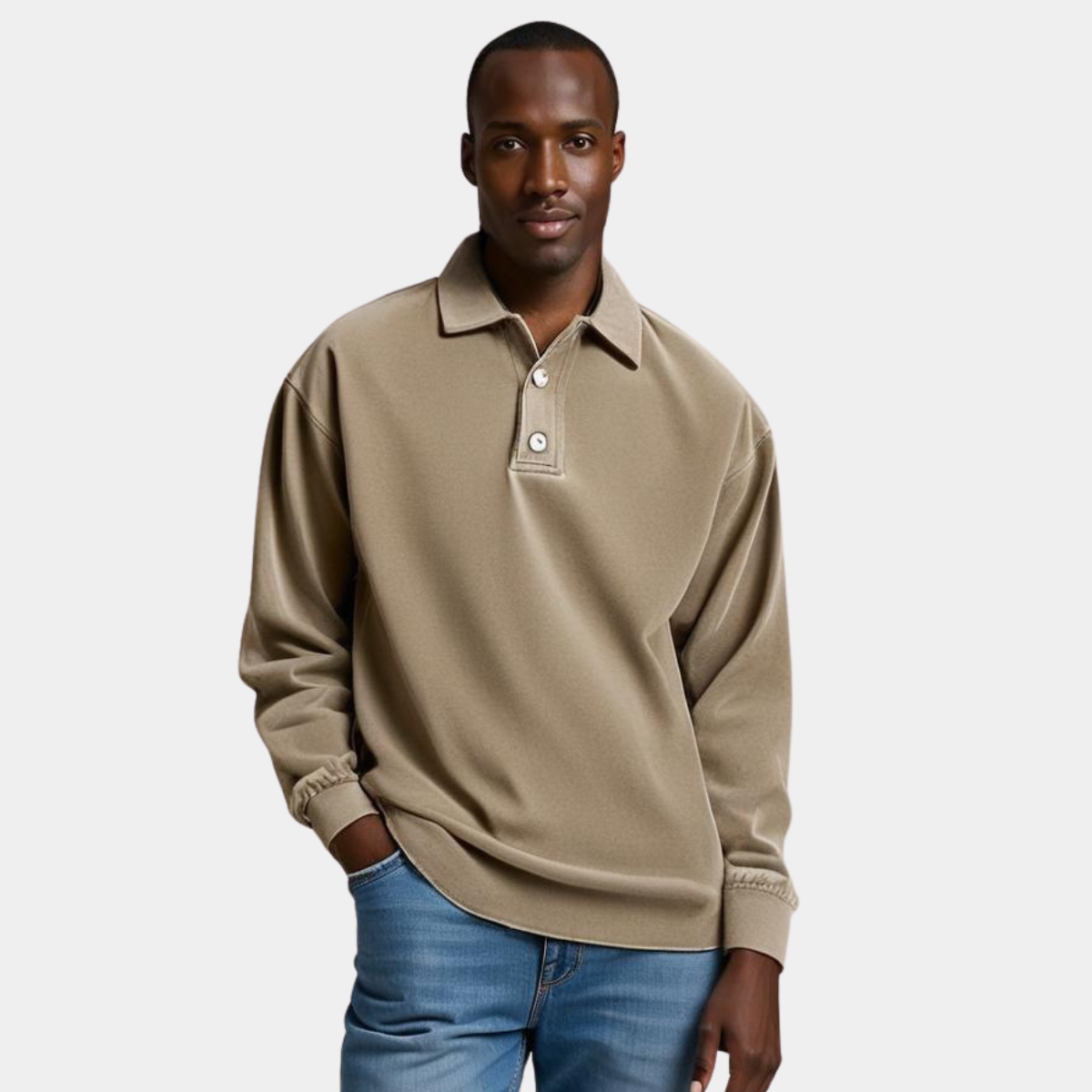 Herr Långärmad Vintage Skjorta med Polokrage och Ribbstickade Ärmslut