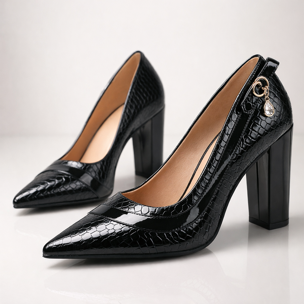 Klackskor Med Spetsig Tå, Krokodilpräglad Glansig Finish, Blockklack För Kvinnor