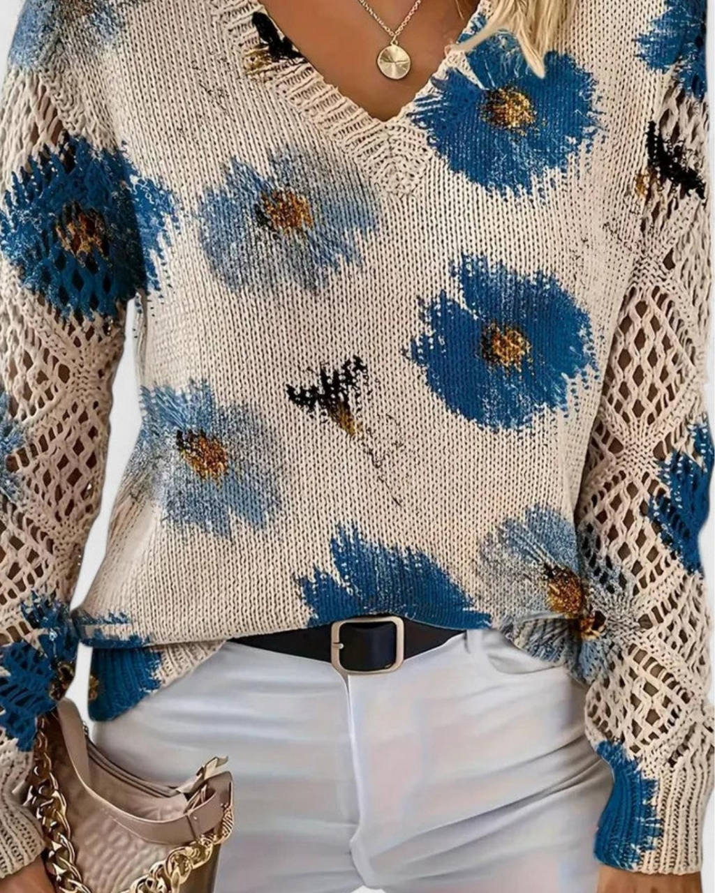 Kvinnotröja Med Öppen Stickning På Ärmar Och Mjuk Textur