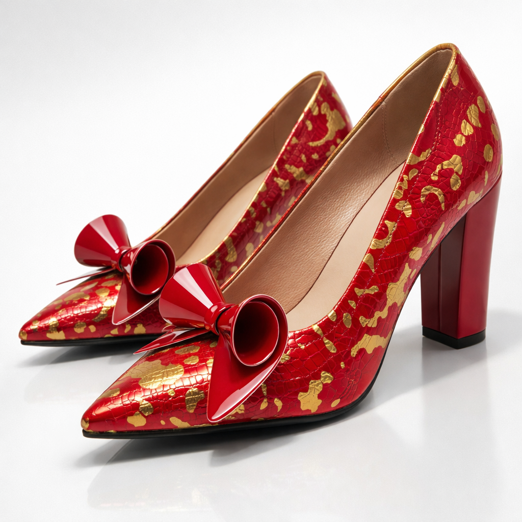Damklackskor Med Spetsig Tå, Krokodilpräglad Ovandel, Högglansrosett Och Blockklack