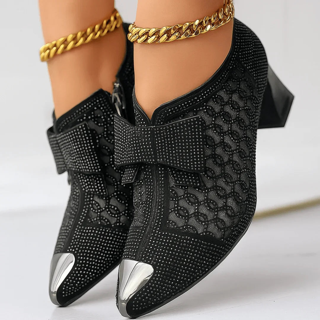Kvinnor Klackskor Med Rhinestone Rosett Spetsig Tå Och Blockklack 6cm