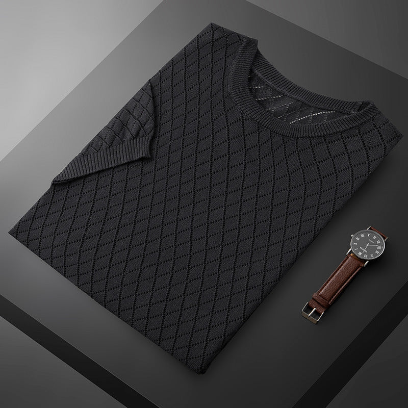 Herrstickad, Halvringad, Ihålig, Kortärmad, Rutig Pullover, Strykfri, Affärströja För Pendling