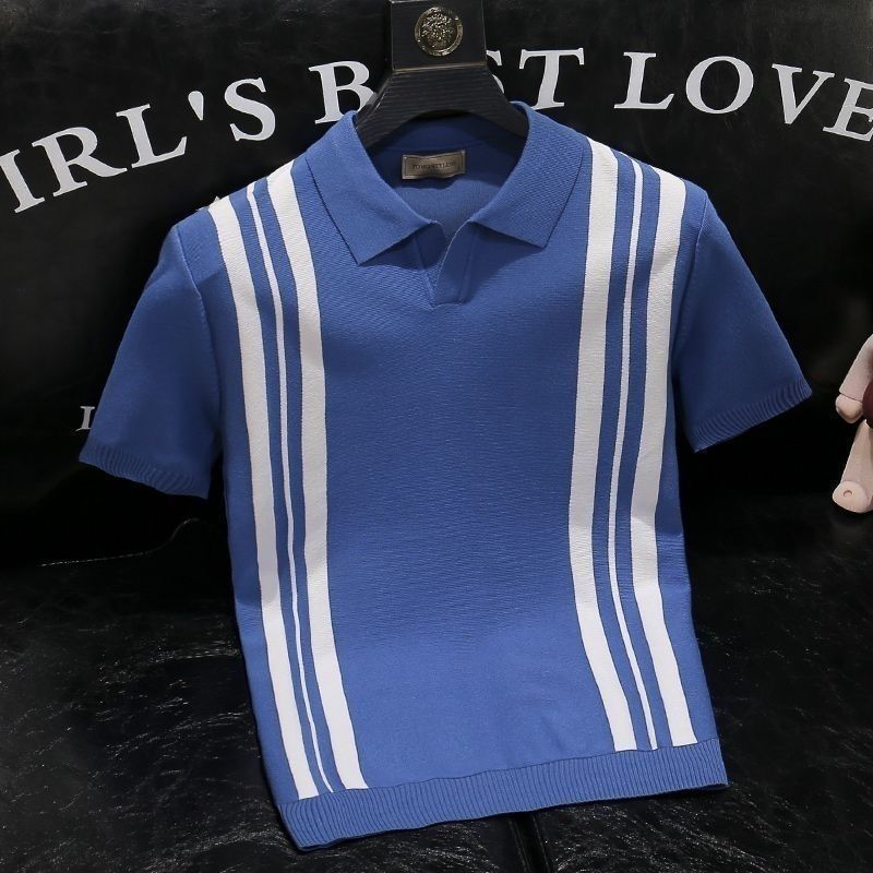 Herr Sommar T-Shirt Med Blandade Färger Och Randig Halvärm Och Slagmönster, Smal Passform