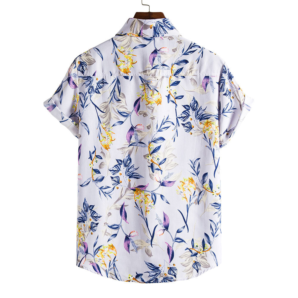 Herr Sommar Blommigt Mönster Kortärmad Skjorta Slagkrage Slim Fit Holiday Topp