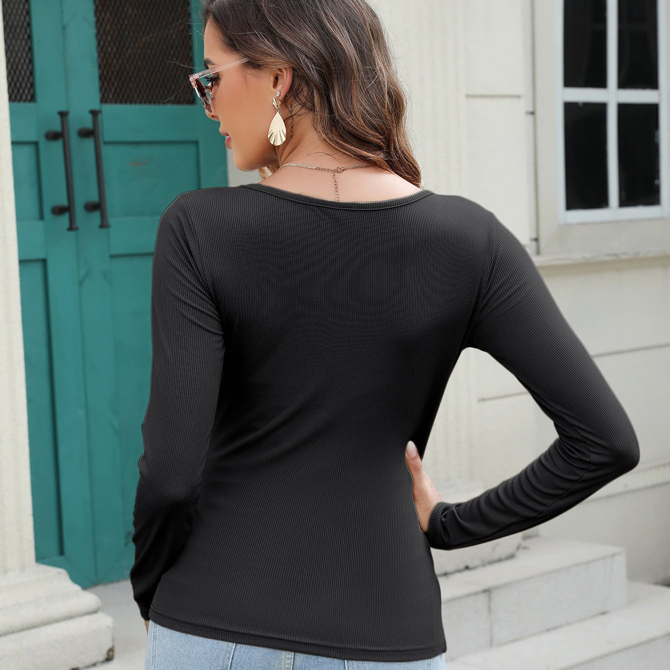Långärmad U-ringad T-shirt för kvinnor, slim fit, ribbad textur