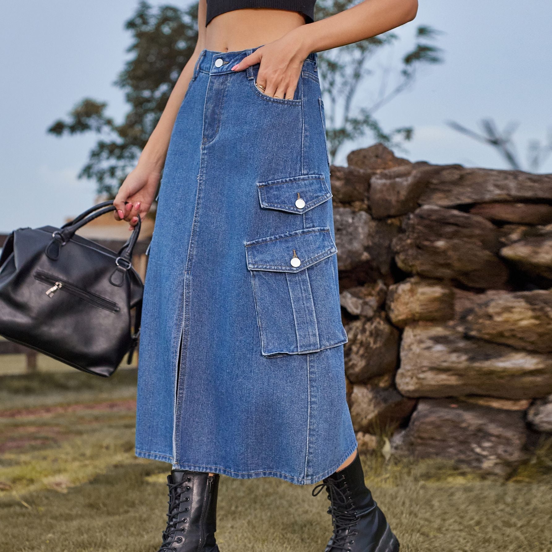 Kvinnors Denimblandade Cargokjol Med Flera Fickor Och Rak Design