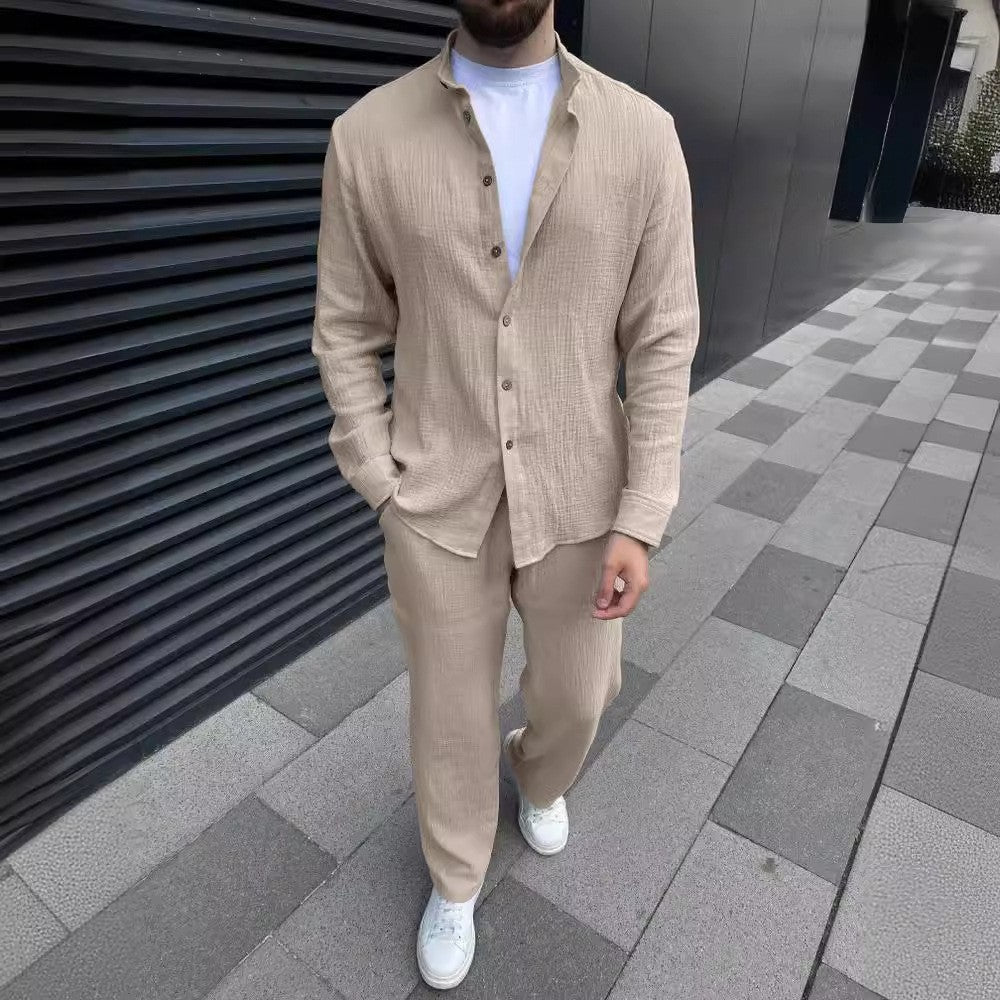 Herr Långärmad Tvådelat Set Skjorta Beskurna Byxor Enfärgad Färg Multifärgad Lättvikt Matchande Outfit