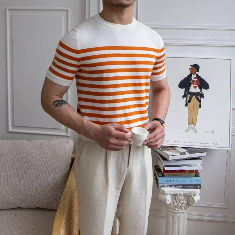 Herr Sommar Randig Kortärmad Pullover T-Shirt Halvärmad Fritidstopp