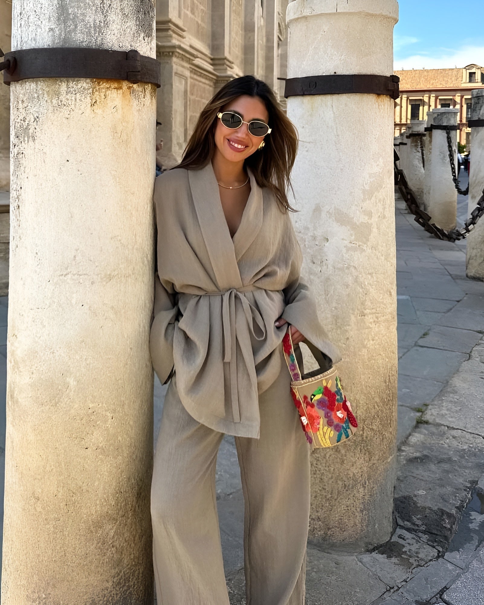 Sommarset Med Två Delar För Kvinnor, Kimonotopp Och Vida Byxor