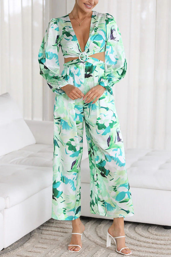 Jumpsuit För Kvinnor, Rygglös, Blommigt Tryck, Långärmad, Hög Midja, Raka Ben