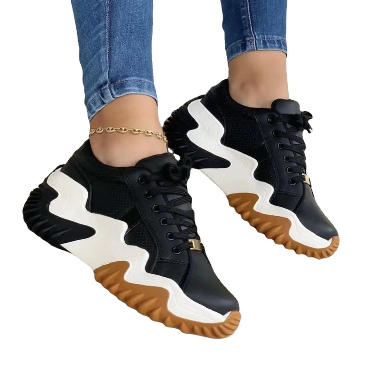 Damsportsneakers Med Snörning, Rund Tå, Medelhög Klack, Viskosula